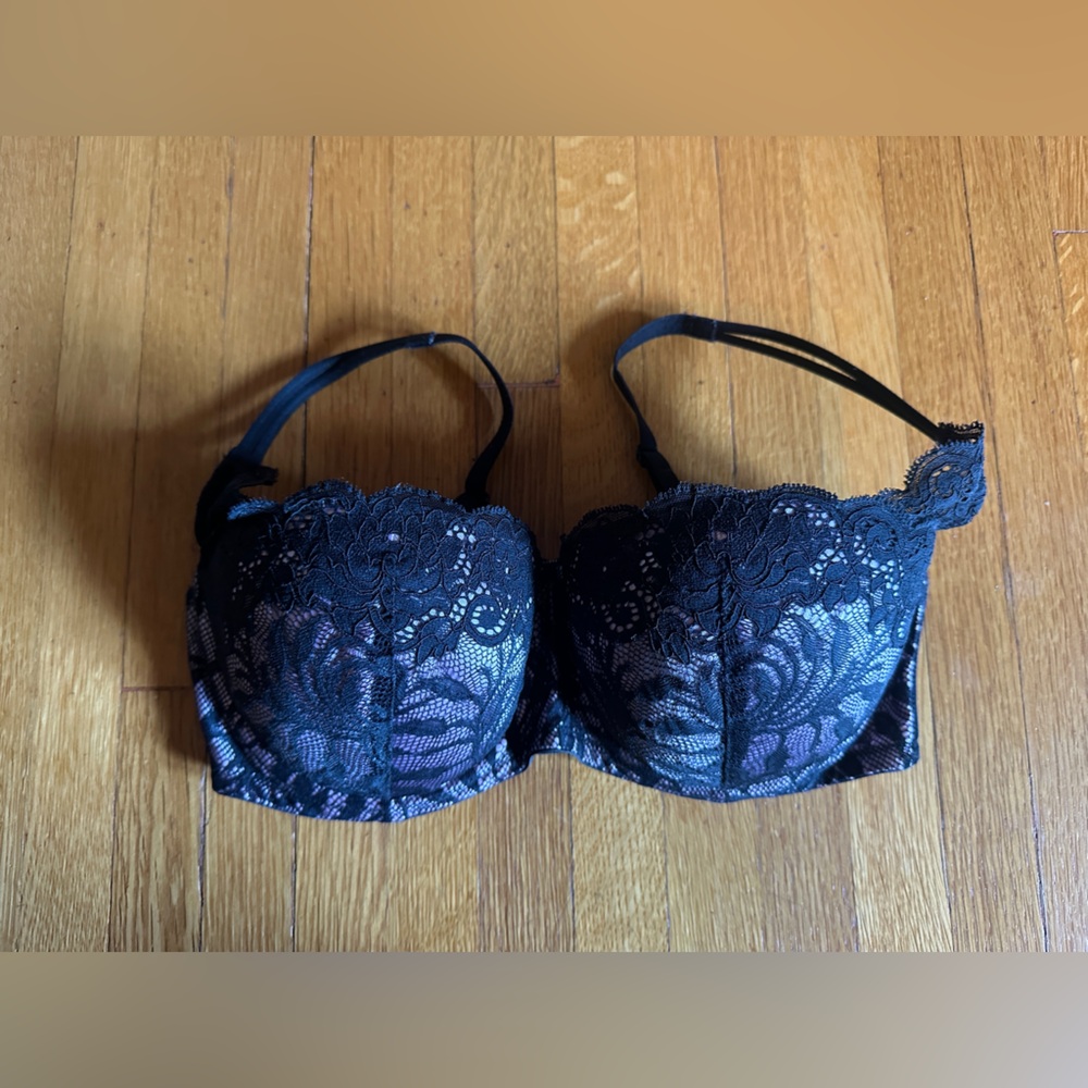 Victoria’s Secret Black Lace & Pink Padded Push-up Bra, Size 34D